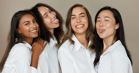 Image showing Women, friends and diversity for, skincare, face beauty and cosmetics inclusion, support and love on studio background. Happy people, together and hug for group health, natural dermatology and care