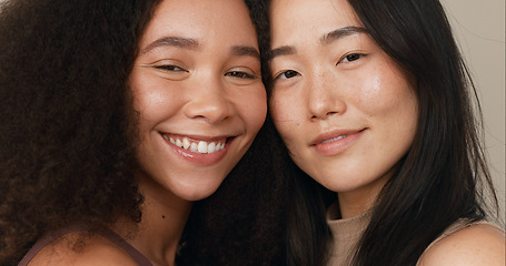 Image showing Beauty, skin and portrait of women friends in studio for diversity, inclusion and wellness. Face of happy people on neutral background for different facial care, dermatology glow or natural cosmetics