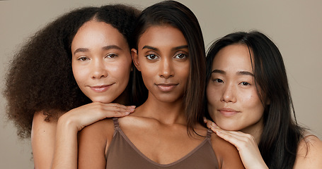 Image showing Face, beauty and portrait of women friends in studio for diversity, inclusion or wellness. Model people on neutral background for different skin, facial care and dermatology glow or natural cosmetics