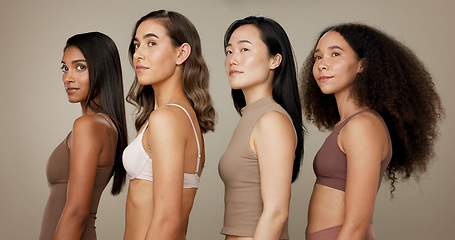 Image showing Beauty, underwear and diversity women friends in studio for comparison, inclusion or wellness. Body profile of model people on neutral background for different skin care, dermatology glow or cosmetic