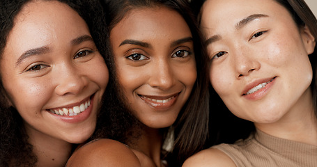 Image showing Skincare group, face or women smile for anti aging cosmetics, beauty glow and spa wellness support. Equality, cosmetology closeup or diversity portrait of unique friends together on studio background