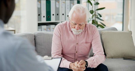 Image showing Psychologist, counselling or old man consulting in therapy for depression or support in consultation. Stress, psychology or sad elderly patient talking to therapist or listening for help or advice