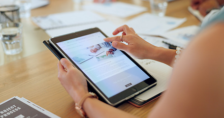 Image showing Woman, hands and tablet in research on stock market, marketing or financial analysis on office desk. Closeup of female person or employee on technology for online search, finance strategy or exchange