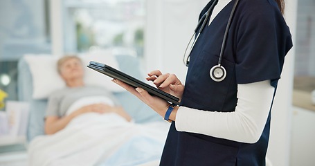 Image showing Healthcare check, hands and a doctor with a tablet for a report on a patient at a hospital. Consulting, typing and a nurse with technology and a woman for medical information, results or monitor