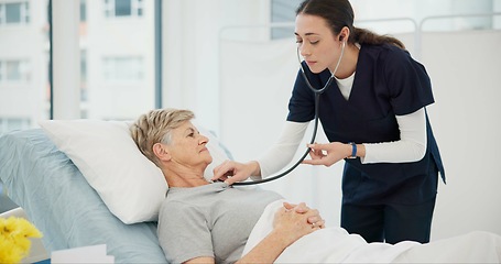 Image showing Nurse, checkup and heart with senior woman in hospital for support with healthcare for results. Medical, expert and elderly female in bed for treatment with medicine at clinic for diagnosis or help.