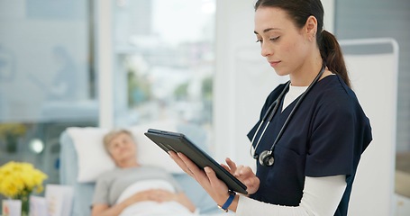 Image showing Nurse, checkup and tablet for results at hospital with patient for healthcare or consultation. Medical, expert and service with tech for diagnosis with medical treatment at clinic for help or advice.