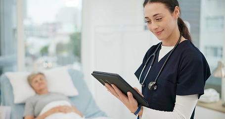 Image showing Nurse, tablet and checkup for patient in hospital for consultation for healthcare with therapist. Medical expert, results and tech for help at clinic for diagnosis or health professional for career.