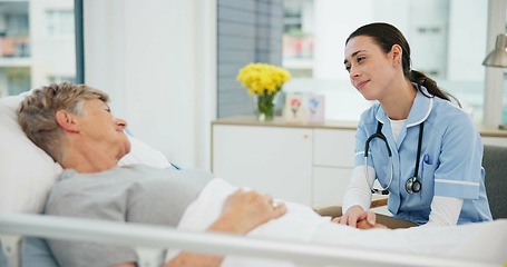 Image showing Conversation, nurse and senior woman in bed with support for healthcare with counselling. Medical, professional and elderly female with care or help about results at clinic with advice with talking.