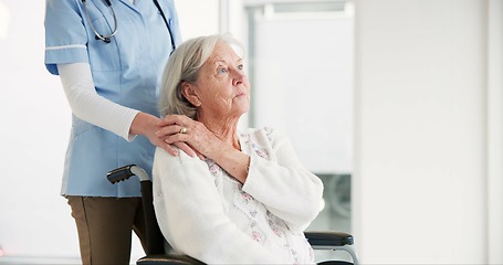 Image showing Nurse, elderly woman and wheelchair for holding hands, care and thinking in rehabilitation at clinic. Medic, senior person with disability and mobility for empathy, kindness and respect with vision