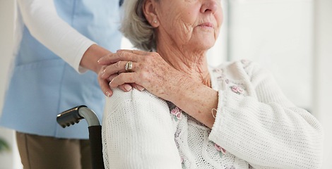 Image showing Nurse, senior woman and wheelchair for holding hands, care or support for rehabilitation in clinic. Medic, elderly person with disability or mobility for empathy, kindness or solidarity in retirement