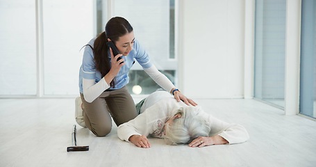 Image showing Accident, phone call and nurse with old woman on floor for medical, injury and elderly care. Emergency, healthcare and pain with caregiver and patient in nursing home for rescue, retirement and risk