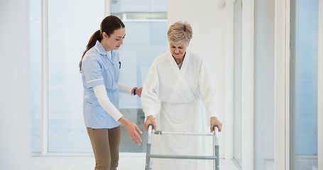 Image showing Nurse, elderly woman and walker for helping hand, show or support for guide in rehabilitation at clinic. Medic, elderly person with disability or mobility training with empathy, physiotherapy or care