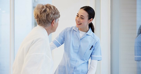 Image showing Hospital, talking and senior woman with nurse for medical care, hospice service and support. Healthcare, nursing home and female health worker with elderly patient for conversation, help and empathy