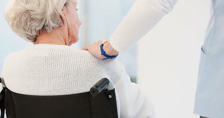 Image showing Hand, shoulder and wheelchair with a senior woman in a nursing home for trust, wellness or empathy. Back, comfort or care with an elderly female patient with a disability feeling support from a nurse
