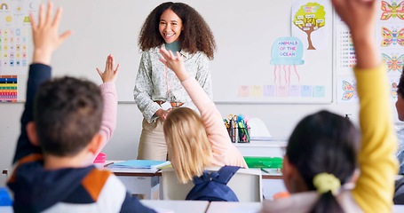 Image showing Help, question and teacher with students in classroom for learning, discussion and knowledge. Education, studying and hands raised with children and woman at school for why, scholarship and answer