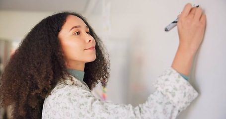 Image showing Teacher woman, writing and board for mathematics, study and question for education career with presentation. Female, classroom and learning expert with pen, problem or talking to students at school