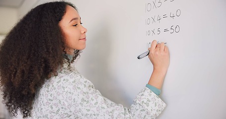 Image showing Teacher woman, writing and board for mathematics, study and question for education career with presentation. Female, classroom and learning expert with pen, problem or talking to students at school