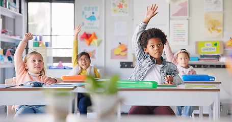 Image showing Education, question and answer with students in classroom for learning, discussion and knowledge. Help, studying and youth with children and hands raised at school for why, scholarship and future