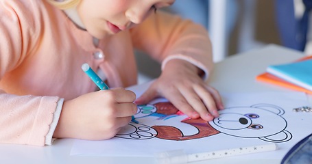 Image showing Girl child, drawing and color in classroom, learning and development with art, animal sketch or paper at desk. Female kid, writing and notebook for bear, education or pen for study, academy or school