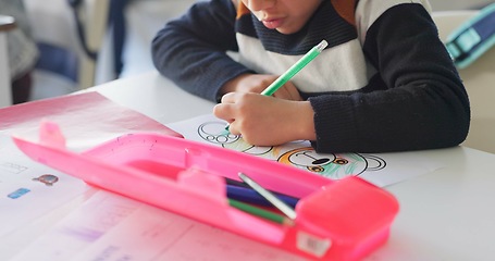 Image showing Creative, school and hands of child drawing in a classroom for art lesson for education and development in class. Closeup, kindergarten and kid or student learning artistic homework on a desk