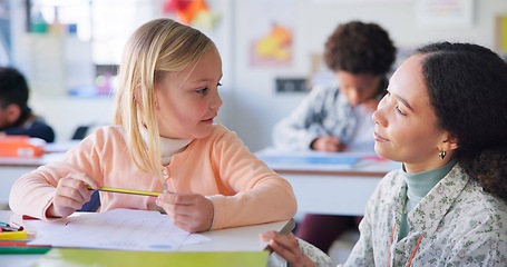 Image showing Teacher, girl and help with writing, classroom and book for education, motivation and mentor for learning. Woman, development and student for goal, drawing and info with support, question or school