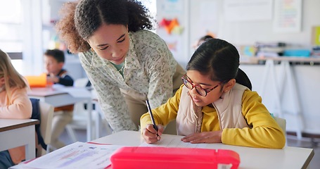 Image showing Teacher, girl and reading with question, book and classroom for education, question and mentorship for learning. Woman, development and student for goal, help or info with support, school or academy