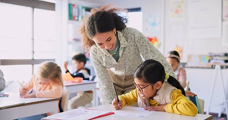 Image showing Teacher, girl and reading with question, book and classroom for education, question and mentorship for learning. Woman, development and student for goal, help or info with support, school or academy