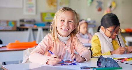 Image showing Smile, writing and study with girl in classroom for learning, knowledge and education. Scholarship, happy and future with portrait of young student at school for academy, exam test and project