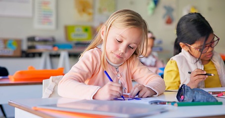 Image showing Knowledge, girl and students in a classroom, writing and productivity with creativity, development and notebook. Drawing, children and kids with inspiration, thinking and test with ideas and learning