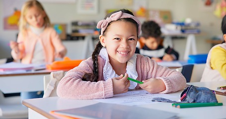 Image showing Smile, education and study with girl in classroom for learning, knowledge and writing. Scholarship, happy and future with portrait of young student at school for academy, exam test and project