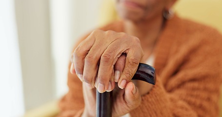 Image showing Hands, walking stick and senior woman with a disability, dementia or Alzheimer in a nursing home for senior care. Crutch, balance and old lady with osteoarthritis, Parkinson or osteoporosis or stroke