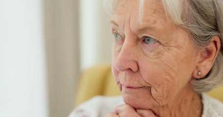 Image showing Senior woman, sad face and thinking at home with hands on chin to remember memory in retirement. Serious and upset elderly person at a nursing facility shaking head for negative emotion or Alzheimer