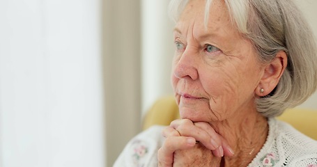 Image showing Thinking, anxiety and senior woman with fear, stress or Alzheimer, grief or trauma memory in her home. Stress, memory loss and elderly lady widow with doubt, dementia or depression, sad or mourning