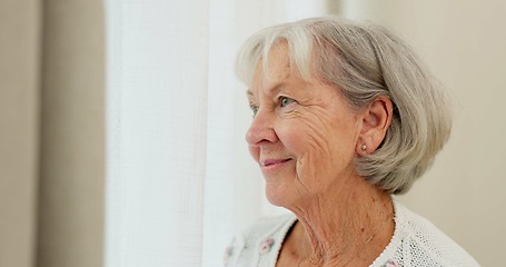 Image showing Face, thinking or nostalgia and a senior woman in a nursing home with a happy memory of the past. Smile, relax and retirement with an elderly resident remembering life in an assisted living house