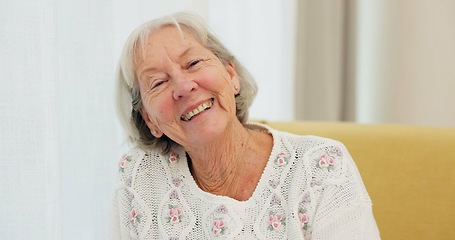 Image showing Face, smile and old woman on sofa with happiness at nursing home for elderly care and rehabilitation. Healthcare, laughing and portrait of happy person ion couch in house in retirement in living room