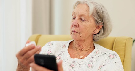 Image showing Research, pills and senior woman with phone to check for information on medication and typing online search about medicine . Elderly person, medication and reading about pharma drugs on smartphone