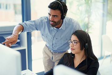 Image showing Telemarketing, manager and employee with customer service, call center or conversation with help desk. Business people, man or woman with tech support, crm or advice with mentor, internet or coaching