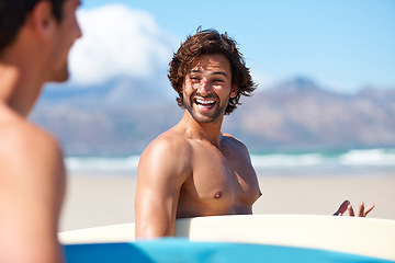 Image showing Beach sports, happiness and surfing friends, people or men happy, talking and walking to outdoor nature wellness. Nature, funny conversation and surfer smile for cardio exercise, workout or adventure