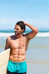 Image showing Beach sports, fitness or surfing man ready for activity, shirtless or outdoor nature wellness on Hawaii vacation. Surfboard, muscular athlete body or holiday surfer for exercise, workout or adventure