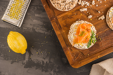 Image showing Smoked salmon on rice bread toasts