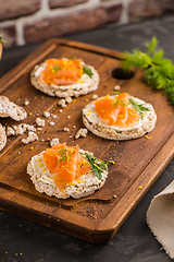 Image showing Smoked salmon on rice bread toasts