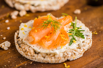 Image showing Smoked salmon on rice bread toasts