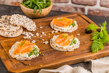 Image showing Smoked salmon on rice bread toasts