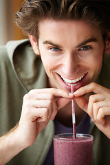 Image showing Man, portrait and closeup smoothie drink for health nutrition, diet groceries or fruit. Male person, smile and breakfast beverage or organic wellness for vegan fibre, weight loss or balance choice