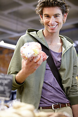 Image showing Man, portrait and apple shopping in grocery store for fibre nutrition, vegan food and healthy choice. Male person, smile or fruit bag supermarket for organic health diet, vitamins or happy customer