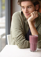 Image showing Man, smile or health smoothie closeup thinking nutrition, morning breakfast drink or fresh fruit. Male person, relax or cold beverage for healthy detox, diet fibre or tropical organic produce choice