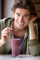 Image showing Man, smile or health smoothie or fruit drink for breakfast, morning fibre or healthy detox choice. Male person, closeup or straw for diet liquid shake or organic taste, vegan or nutrition raw vitamin