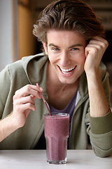 Image showing Man, smile and portrait for smoothie health nutrition, diet groceries or juice fruit. Male person, closeup and breakfast berry shake or organic wellness for vegan fibre, weight loss or balance choice