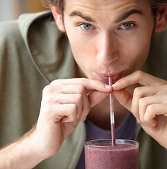 Image showing Man, closeup and health smoothie for breakfast fruit drink, morning fibre or healthy detox choice. Male person, portrait and straw for diet liquid shake organic taste, vegan or nutrition raw vitamin