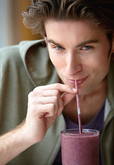 Image showing Man, smile or portrait for health smoothie or fruit drink for breakfast, morning fibre or healthy detox choice. Male person, closeup or diet liquid shake organic taste, vegan or nutrition raw vitamin